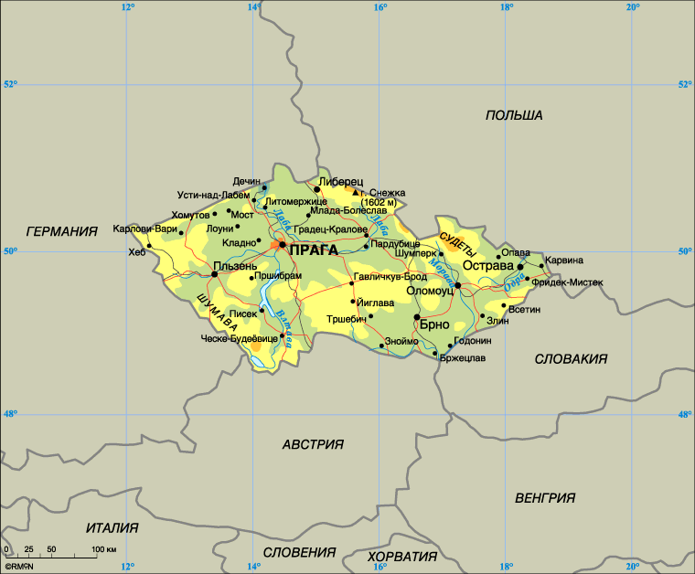 Чехия. Столица – Прага. Население – 10,3 млн. человек (2004). Плотность населения: 131 человек на 1 кв. км. Площадь – 78 864 кв. км. Самая высокая точка – гора Снежка, 1602 м. Официальный язык – чешский. Основная религия – католичество. Административно-территориальное деление: 8 областей, включая город Прагу. Денежная единица: чешская крона = 100 геллеров. Национальный праздник: День образования Чехословацкой республики (ЧСР) в 1918 – 28 октября. Национальный гимн: «Где моя Родина?» Чехия. Столица – Прага. Население – 10,3 млн. человек (2004). Плотность населения: 131 человек на 1 кв. км. Площадь – 78 864 кв. км. Самая высокая точка – гора Снежка, 1602 м. Официальный язык – чешский. Основная религия – католичество. Административно-территориальное деление: 8 областей, включая город Прагу. Денежная единица: чешская крона = 100 геллеров. Национальный праздник: День образования Чехословацкой республики (ЧСР) в 1918 – 28 октября. Национальный гимн: «Где моя Родина?»