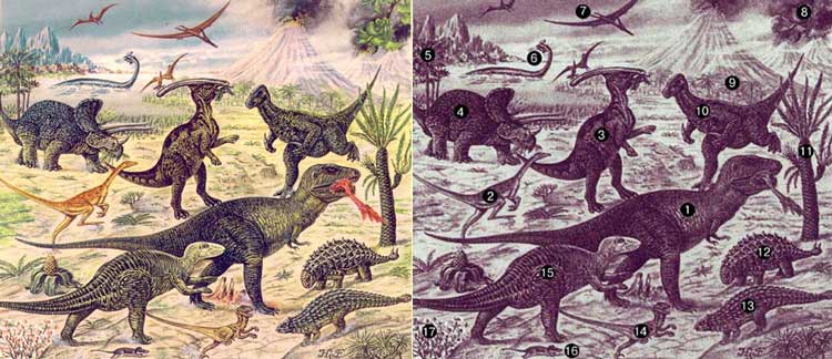 ЖИЗНЕННЫЕ ФОРМЫ МЕЛОВОГО ПЕРИОДА. Меловой период начался ок. 135 млн. лет тому назад и закончился около 65 млн. лет назад. Динозавры в это время были многочисленны и разнообразны, но к концу периода все они вымерли. Сушу, море и воздух освоили другие крупные рептилии, а млекопитающие были еще примитивны и мелки. К концу периода доминирование в растительном мире перешло к цветковым. В приведенном ниже списке названия динозавров даны без уточнения группы, к которой относится род. 1 – Tyrannosaurus; 2 – Ornithomimus; 3 – Parasaurolophus; 4 – Triceratops; 5 – Pandanus (цветковое); 6 – Elasmosaurus (морская рептилия); 7 – Pteranodon (летающий ящер); 8 – Гинкго (голосеменное); 9 – Пальма (цветковое); 10 – Iguanodon; 11 – Williamsonia (беннеттитовое); 12 – Scolosaurus; 13 –  Ankylosaurus; 14 – Deinonychus; 15 – Anatosaurus; 16 – Deltatheridium (раннее млекопитающее, напоминающее землеройку); 17 – Магнолия (цветковое).