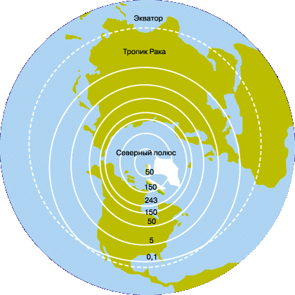 РАСПРОСТРАНЕНИЕ ПОЛЯРНЫХ СИЯНИЙ в Северном полушарии. Изохазмы соответствуют среднему годовому количеству полярных сияний. Например, в центральных районах США полярные сияния наблюдаются в среднем около пяти раз в год.