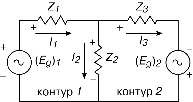 Рис. 1. ПЕРВЫЙ ЗАКОН КИРХГОФА. Схема для вычисления напряжений при обходе контуров.