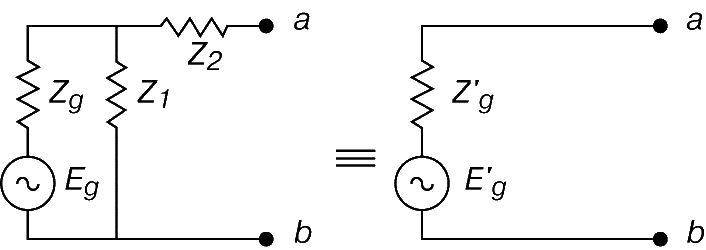 Рис. 3. ТЕОРЕМА ТЕВЕНЕНА. Внутренний импеданс Zgў эквивалентного источника напряжения равен импедансу между полюсами a и b, который слагается из Z2 и параллельно соединенных друг с другом Z1 и Zg.