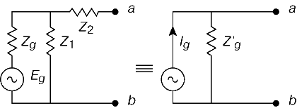 Рис. 4. ТЕОРЕМА НОРТОНА. Позволяет заменить ту же цепь, что и на рис. 3, эквивалентным источником тока Ig с внутренней проводимостью, представленной параллельным импедансом Zgў.