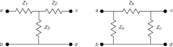 Рис. 5. Т- И П-ОБРАЗНЫЙ ЧЕТЫРЕХПОЛЮСНИКИ эквивалентны при определенных соотношениях параметров (преобразования Т ® П и П ® Т).