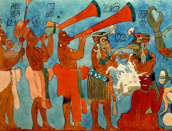 ИСКУССТВО МАЙЯ. Великолепные образцы сохранившейся фресковой живописи обнаружены в одном из храмов города Бонампак в мексиканском штате Чьяпас.       IGDA/G. Dagli Orti