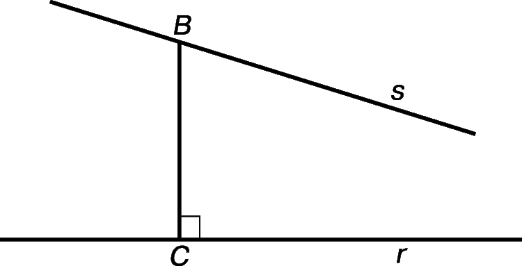 Рис. 1. В ГИПЕРБОЛИЧЕСКОЙ ГЕОМЕТРИИ может существовать прямая CB, перпендикулярная данной прямой r и пересекающая другую данную прямую s под острым углом в точке B так, что бесконечный луч s не пересекает прямую r.
