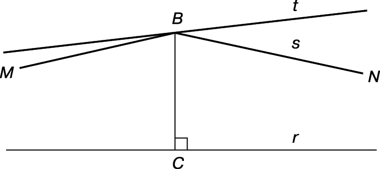 Рис. 4. ЛЮБАЯ ПОЛУПРЯМАЯ, например t, явояющаяся продолжением стороны угла NBM, образует с r пару «гиперпараллельных», т.е. две прямые, которые не пересекаются и не параллельны.