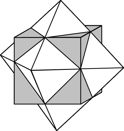 Рис. 3. ДВОЙСТВЕННЫЕ МНОГОГРАННИКИ. Куб и октаэдр находятся в положении двойственности друг другу, грани являются q-угольниками, р из которых примыкают к каждой вершине.