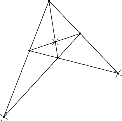 Рис. 1. «ПОЛНЫЙ ЧЕТЫРЕХВЕРШИННИК» можно получить, соединив попарно четыре точки шестью прямыми. Точки пересечения противоположных сторон (диагональные точки) отмечены звездочками.