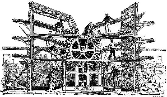 РОТАЦИОННАЯ ПЕЧАТНАЯ МАШИНА, печатающая текст на 10 цилиндрах по мере того, как рабочие вручную подают в нее листы бумаги, была сооружена в 1846 нью-йоркской фирмой «Р.Хоу и компания».