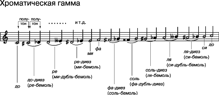 Пример 1. Хроматическая гамма содержит все тона, употребляющиеся в европейской музыке. Каждый звук отстоит на полутон от соседнего. В большинстве случаев звуки хроматической гаммы могут быть записаны разными способами: в примере эти дополнительные способы показаны четвертными нотами.