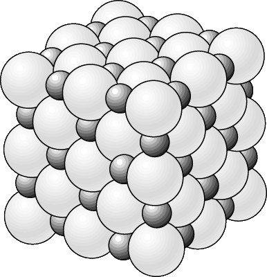 Рис. 1. СТРУКТУРА ГАЛИТА (поваренной соли) NaCl. Число ионов хлора (серые шары) равно числу ионов натрия (черные шары).