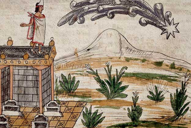  IGDA     В ПРОШЛОМ кометы иногда считались предвестницами несчастий. На иллюстрации (1579) вождь ацтеков Монтесума наблюдает небесный знак падения своего царства.