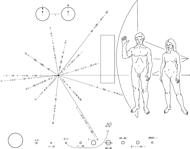 ГРАВИРОВАННАЯ ТАБЛИЧКА на борту межпланетной станции «Пионер». Внизу схема Солнечной системы и траектория полета аппарата: от Земли, мимо Юпитера, – к звездам. Фигуры людей показаны на фоне силуэта «Пионера», для масштаба. Звездообразная фигура слева показывает положение Солнечной системы в Галактике относительно 14 радиопульсаров; точный период каждого пульсара записан в двоичном коде вдоль луча, указывающего направление к нему от Солнца. Единицами измерения длины и времени служат характеристики линии излучения атома водорода (схема наверху): длина этой линии 21 см, а частота 1420 МГц. В условиях космического пространства эта табличка сохранится сотни миллионов, а возможно, и миллиарды лет и станет самым долгоживущим произведением человеческих рук.