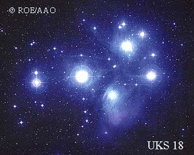 РАССЕЯННОЕ ЗВЕЗДНОЕ СКОПЛЕНИЕ Плеяды в созвездии Тельца содержит около 250 звезд, большинство из которых видно лишь в телескоп. Туман, окружающий яркие звезды, вызван рассеянием их света в межзвездном веществе.