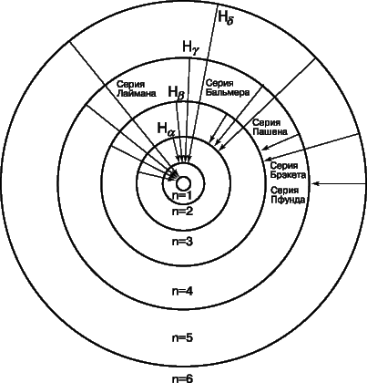 Рис. 7. АТОМ ВОДОРОДА. Изображены шесть круговых орбит, отвечающих стабильным энергетическим уровням отдельного электрона. Приведены также различные серии спектральных линий, соответствующие переходам с одной орбиты на другую.