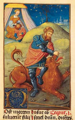  IGDA/G. Dagli Orti     САМСОН, убивающий льва. Миниатюра из Библии 16 в.