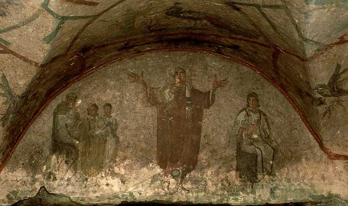  IGDA/V. Pirozzi     РИМ. Одна из ранних фресок, относящихся к началу 2 в., в катакомбах св. Присциллы.