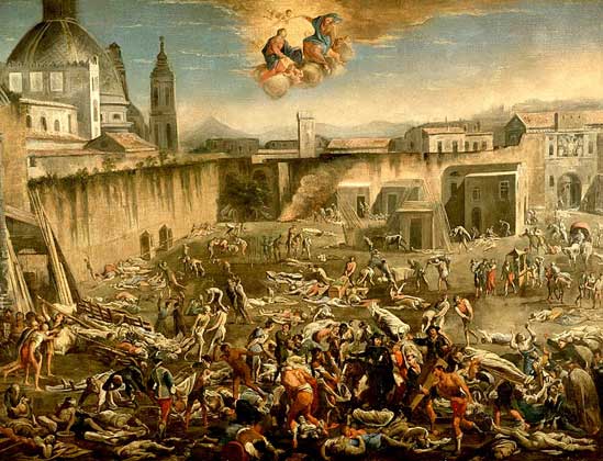  IGDA/G. Dagli Orti     КАРТИНА ЧУМА В НЕАПОЛЕ В 1656 показывает опустошительное действие Черной Смерти (Музей Сан-Мартино, Неаполь.)