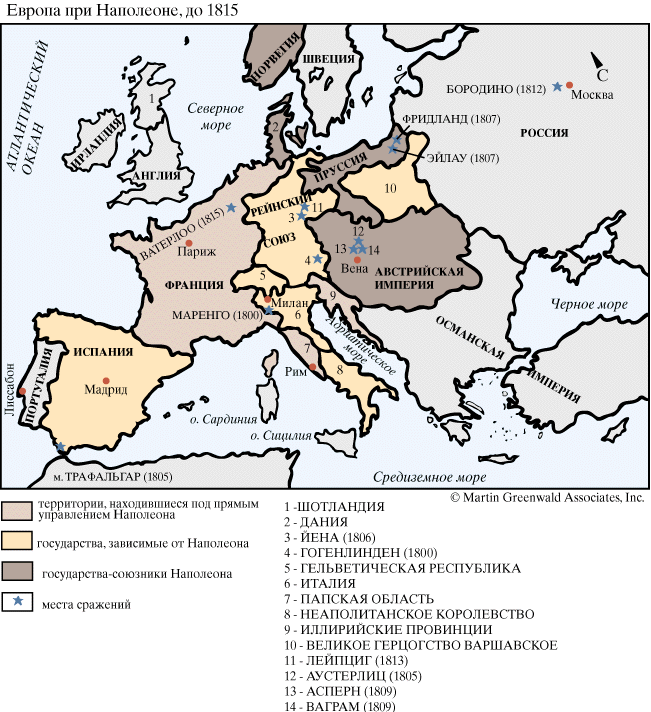 Карта Европы при Наполеоне I, до 1815 года.