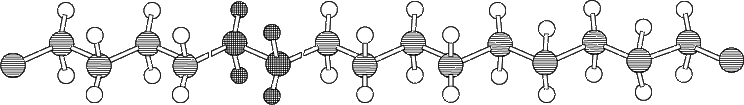 Рис. 1. ПОЛИЭТИЛЕНОВАЯ ЦЕПЬ, представленная шаро-стержневой моделью, в которых стержни изображают химические связи (в данном случае все связи простые), большие шары - атомы углерода, малые - водорода. Темный фрагмент слева от центра представляет мономерную единицу из 2 атомов углерода и 4 атомов водорода. Каждая молекула этилена (исходного мономера) перед тем, как она вошла в цепь, содержала двойную связь.
