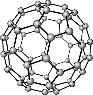 ФУЛЛЕРЕН-60, в котором 60 атомов углерода, соединенных одинарными и двойными связями, образуют многогранник из 20 шестиугольников и 12 пятиугольников. Он представляет собой третью аллотропную форму углерода (первые две – алмаз и графит).