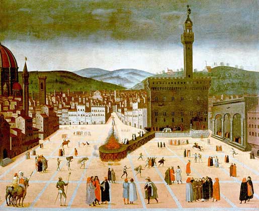  IGDA/G. Nimatallah     ПЛОЩАДЬ СИНЬОРИИ во Флоренции. В центре костер, на котором в 1498 по приказу папы был казнен, а затем сожжен как еретик доминиканский монах Джироламо Савонарола.