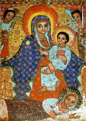 ФРЕСКА с изображением Девы Марии с младенцем Иисусом в церкви, расположенной близ озера Тана. IGDA/C. Sappa
