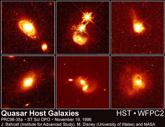  NASA     ИЗОБРАЖЕНИЯ КВАЗАРОВ и «родительских» галактик, в которых они находятся. Прямые лучи – дефект, связанный с большой яркостью источников. Космический телескоп Хаббла