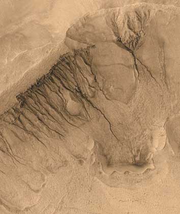  NASA     СКЛОН МАРСИАНСКОГО КРАТЕРА с протоками. В нижней части снимка виден бассейн.