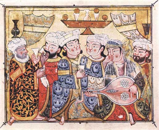 КУТИЛА И ЛЮТНИСТ В ВИННОМ КАБАЧКЕ. Миниатюра из рукописи Макамы Ал-Харири, Египет, 1334 (Венская Национальная библиотека).