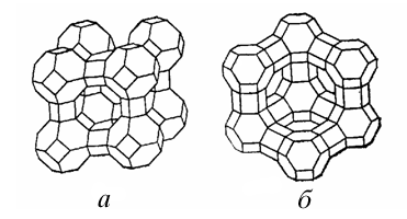Рис. 2. ТИПИЧНЫЕ ЦЕОЛИТЫ, образованные содалитовыми блоками (срезанными октаэдрами): а – синтетический цеолит состава Na12(Al12Si12O48).27 H2O (ширина канала 420 пм); б – фожазит Na12Ca12Mg12Al59Si133O384.235H2O (ширина канала 740 пм).
