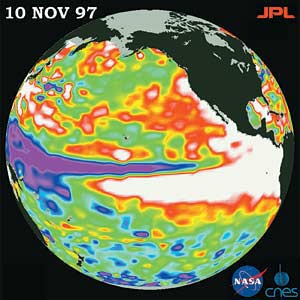  NASA     По снимкам со спутников 10 ноября 1997 был определен уровень воды в Тихом океане. Эльниньо характеризуется более высоким уровнем воды (красная и белая области) со стороны побережья Южной Америки и в южной части Тихого океана. Более низкий уровень воды (голубая область) наблюдался с другой стороны океана.