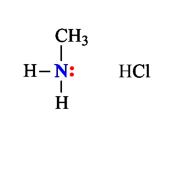 Рис. 1. Присоединение HCl к амину с образованием донорно-акцепторной связи. Атом азота дает для образования связи пару электронов. Роль акцептора исполняет протон, который, присоединясь к азоту, образует катион метиламмония, как в неорганических аммонийных солях.