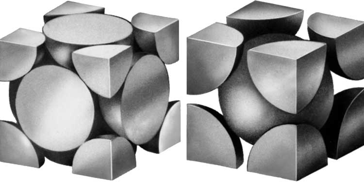 ПРОСТЫЕ КРИСТАЛЛИЧЕСКИЕ СТРУКТУРЫ МЕТАЛЛА, демонстрирующие (слева) вид кубической гранецентрированной решетки, известной также под названием кубической решетки с плотной упаковкой, и (справа) вид объемно-центрированной кубической решетки.