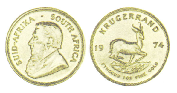КРЮГЕРРАНД. На монете – изображение Крюгера, антилопы и надпись на африкаанс и на английском «1 унция высокопробного золота»