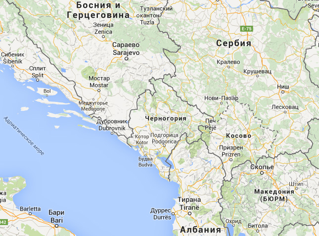 ЧЕРНОГОРИЯ. Республика Черногория граничит с Сербией на северо-востоке и востоке, Хорватией и Боснией и Герцеговиной на северо-западе, Албанией на юго-востоке. Картографические данные © Basarsoft, Google, 2015
