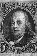Первая клеящаяся марка Соединенных Штатов Америки с изображением Б.Франклина (1847)
