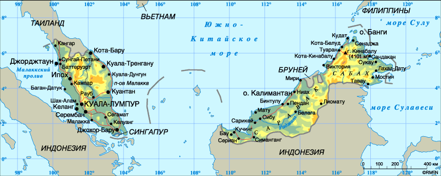 Малайзия. Столица – Куала-Лумпур. Население – 23,09 млн. человек (2003). Плотность населения – 65 человек на 1 кв. км. Городское население – 51%, сельское – 49%. Площадь – 329 758 кв. км. Самая высокая точка – гора Кинабалу (4101 м). Основные языки: малайский (или малайзийский, официальный), английский, китайский, тамильский. Государственная религия – ислам. Административно-территориальное деление: 13 штатов и 2 федеральные территории. Денежная единица: ринггит = 100 сенам. Национальный праздник: День независимости – 31 августа. Государственный гимн: Моя страна.