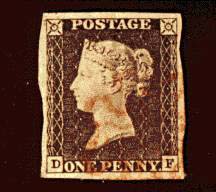 PENNY BLACK, первая клеящаяся почтовая марка с изображением королевы Виктории, выпущена в мае 1840