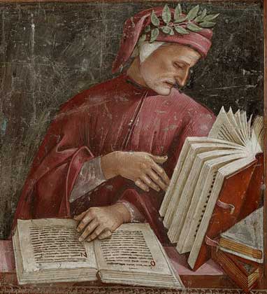 ДАНТЕ АЛИГЬЕРИ, увенчанный лавровым венком на портрете Луки Синьорелли (ок. 1441–1523).