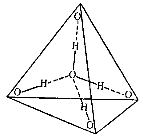 Рис. 3. Схема тетраэдрической координации молекулы воды; пунктирные линии – водородные связи.