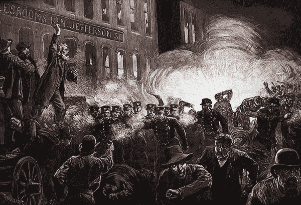 Разгон демонстрации профсоюзов в Чикаго. Гравюра, 1886 год. Чикагское историческое общество.